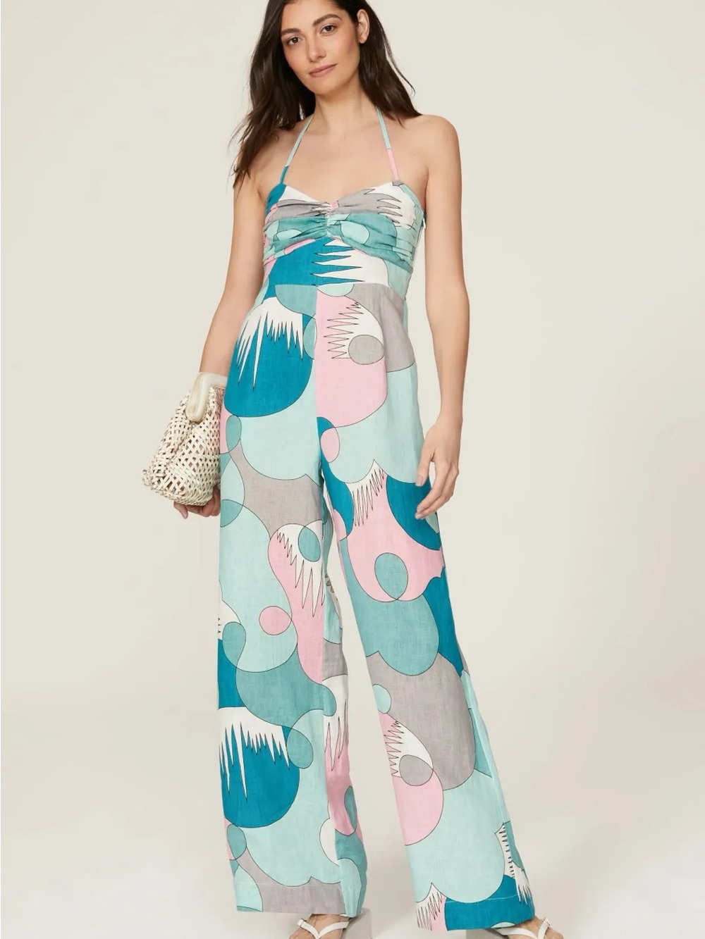 S/W/F Sweetheart Halter Jumpsuit Linen Graphic Pattern Print sz L
